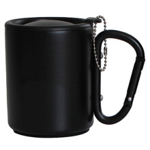 Mug isotherme FEAMOS portable avec mousqueton et couvercle, idéal pour les activités de plein air comme le camping et la randonnée.