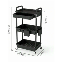 3-Tier Rolling Utility Cart with Removable Drawer, Lockable Wheels, Sturdy Storage Organizer – Compatible with Kitchen, Bathroom, Craft, Makeup,