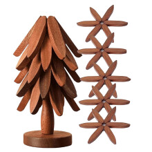 9'' Natural Wood Christmas Tree Trivet Set (3/4/5 pcs + 1 stand), compatible with hot dishes, pots, bowls, teapots, hot pots
