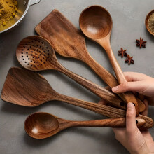 Premium 5-Pc Wooden Utensil Set w/ Ergonomic Handles – Spoons, Spurtle, Ladle, Wok Spatulas for Non-Stick Cookware, Heat Resistant & Easy Clean