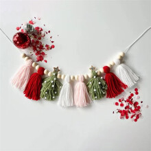 1 Pcs Boho Woolen Tassels Garland with Wood Beads Pink Red White Style Girls Nursery Decor for Home Room Bedroom