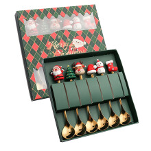 Golden Christmas Spoon Set (6pcs): Old Man, Tree, Elk, Hat, Snowman, Sock – Stainless Steel, Green Box, Final Sale
