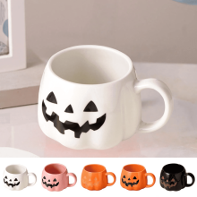 12 oz Halloween Pumpkin Mug – Ceramic Coffee Cup with Happy Halloween Pattern, White Face Design, Gifts for Adults & Kids