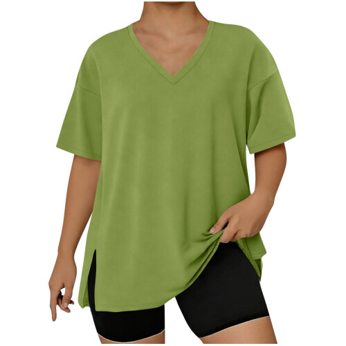 Damen-Pullover-Top mit V-Ausschnitt, kurzen Ärmeln und Seitenschlitz 1