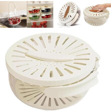 2 in 1 Draining and Preservation Basket | Multifunctional Fruit Washing Bowl with Strainer, Rotating Lid & Collapsible Handle for Kitchen & Picnic