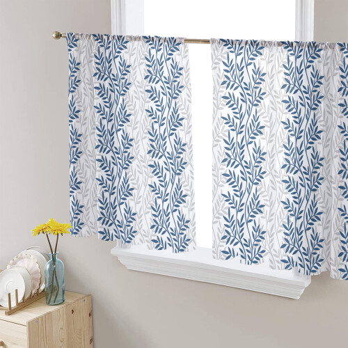 Sheer Curtains Blue Leaf Pattern 52x54 Inch Light Filtering 2
