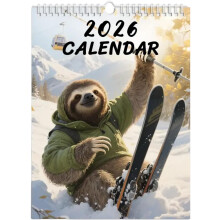 Calendário de Animais 2026 – Preguiça Engraçada Esquiando, Agenda Mensal, Calendário de Parede de 12 Meses, Arte Humorística, Amplo Espaço