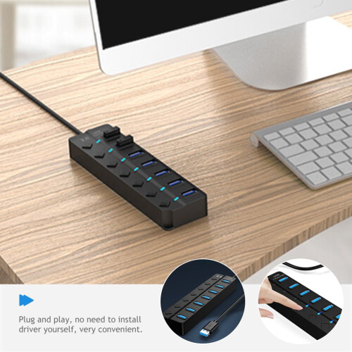 7 Port USB Hub Expander for Computer High Speed 5Gbps Data Transmission and Backup Power 1