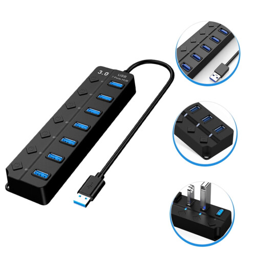 7 Port USB Hub Expander for Computer High Speed 5Gbps Data Transmission and Backup Power 2