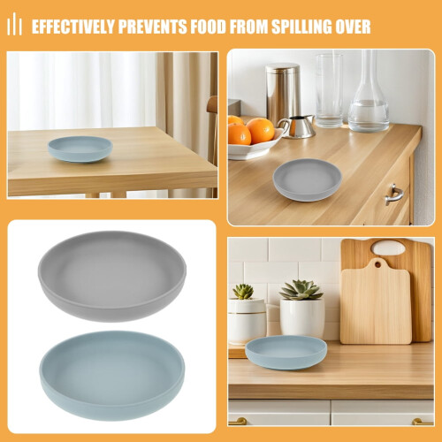 2pcs Silicone Suction Plate for Elderly Non Skid Dinnerware Deep Gray Home Use 1