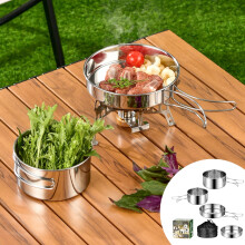 Juego de utensilios de cocina apilables de acero inoxidable de 5 piezas para acampar, con bolsa de almacenamiento, resistente a la corrosión, ideal