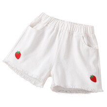Girls' Bow Denim Shorts with Strawberry Print, Raw Hem, Pull-On, Pockets – White, Size 4Y
