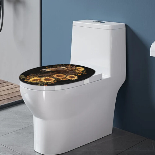 Toilettendeckelbezug mit Sonnenblumenmuster und Pferd, oval, mit elastischem Rand 2