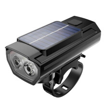 Solar Powered USB Rechargeable LED Bicycle Headlight with Dual Lamp Beads and High-Decibel Horn for Night Rides, Made of ABS