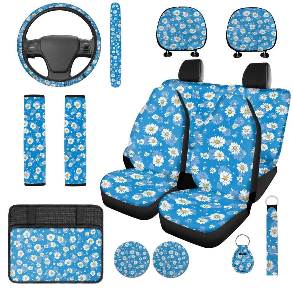 Cute Daisy 14-Pc Car Seat Cover Set: Headrest, Steering Wheel, Armrest, Seat Belt & Cup Pad Covers Â Compatible With Cars & Suvs 9180435382856