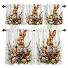 Easter Bunny Kitchen Curtains & Valances Set, Watercolor Blue/Yellow Eggs, Spring Floral Leaf Design, Rod Pocket, 27.5x24in