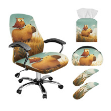 5-Pc Office Chair Cover Set w/ Stretch Slipcover, Armrest Covers, PU Leather Remote Holder & Tissue Organizer – Capybara Owl Print