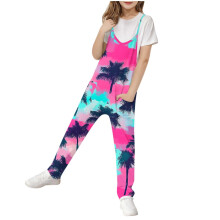 Women's Sleeveless Palm Print Hawaiian Jumpsuit with Pockets