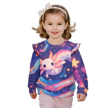 Sweatshirt med rund hals til småbørnspiger, behagelig hættetrøje uden hætte, Galaxy Axolotl-sweatshirt, nyhed, sweatshirts med flæser og