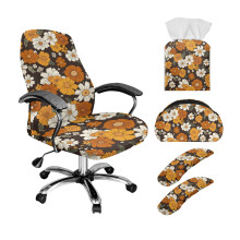5-Pc Office Chair Cover Set w/ Armrest Protectors, Remote Holder & Tissue Organizer – Vintage Hippie Flower Print, Compatible with Most Chairs