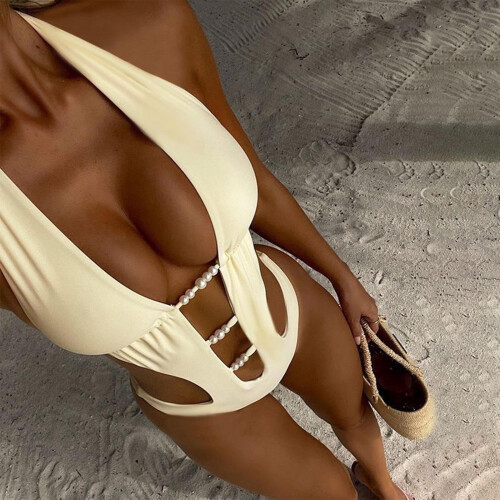 Women's solid color beaded cutout one-piece swimsuit with 2
