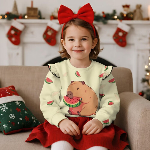 Sweat-shirt fille à motif pastèque et capybara, taille 5-6 1