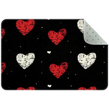 Small Washable Kitchen Rug, White and Red Hearts on Black Indoor Door Mats for Entryway, Non Slip Area Rug Floor Carpet for Entrance Bathroom Bedroom