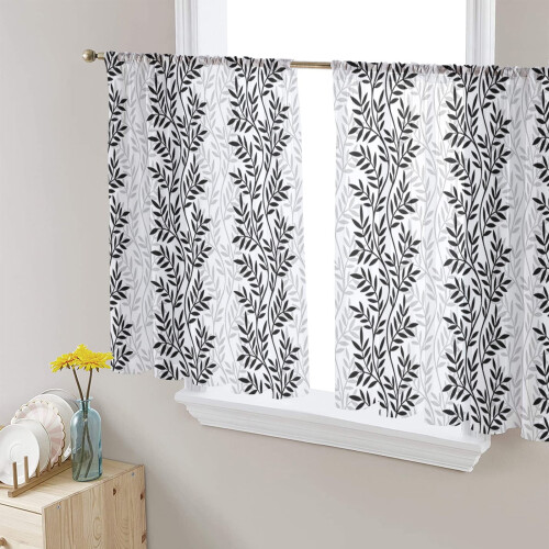 Sheer Curtains Black & White Leaf Design 52x45 Inch Light 2