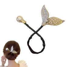 Rhinestone Flower Hair Clip Ocean Blue Feather Bun Maker