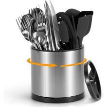 360 Rotating Stainless Steel Kitchen Utensil Holder with 3 Compartments, Compatible with Party Counters