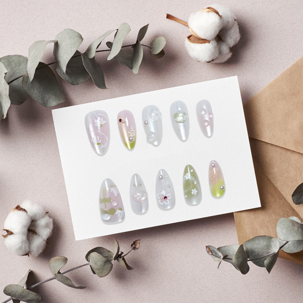 Bright-Home (Xs) Gradients Almond Fake Nails With Flower Print Reusable Long Lasting Press On Nails For Fingernail Diy Decoration