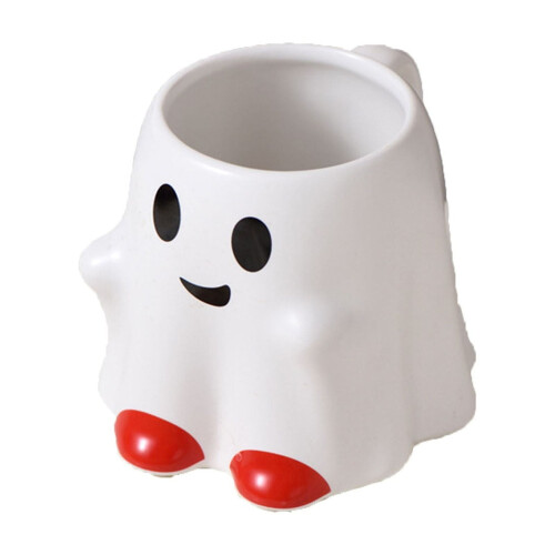 White Ceramic Mug with Ghost Cat & Bat Design 1