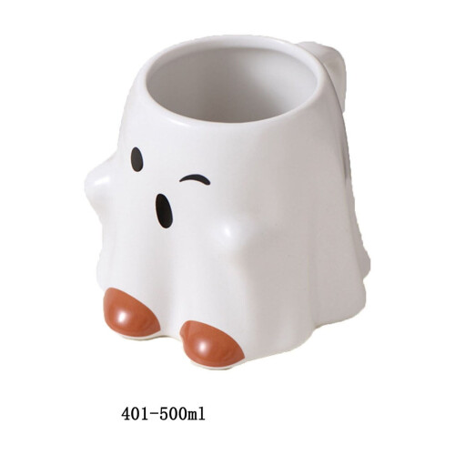 White Ceramic Mug with Ghost Cat & Bat Design 2
