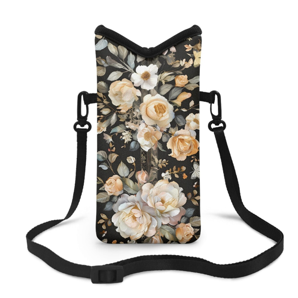 Cellphone Sleeve Portable Shockproof Phone Pouch Case Bag Neoprene Crossbody Phone Bag With Detachable Carrying Strap, 4 X 8 Inch, Peony Leaf Black 9027700140851