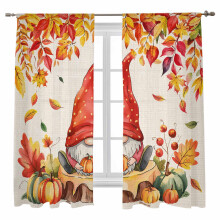 Fall Gnome Pumpkin Sheer Curtains 72" L, Maple Leaf Thanksgiving Linen Light Filtering Voile Drapes, Rod Pocket, 52"W x 72"L, 2 Panels