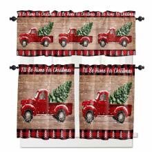 I'll Be Home for Christmas Kitchen Curtains & Valances Set, Red Car/Tree/Brown Wood Plaid, Rod Pocket, 27.5x24in, 3-Pc