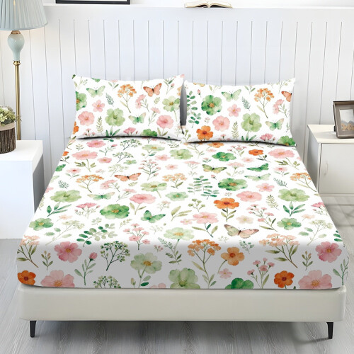 Butterfly Floral Print King Bed Sheet Set 3PC Lightweight