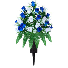 Artificial Cemetery Flowers with Cemetery Vase - Outdoor Grave Decorations Roses in White+Dark Blue