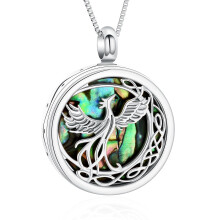 Colier cu urnă Phoenix și pandantiv cu scoică de abalone și semilună celtică