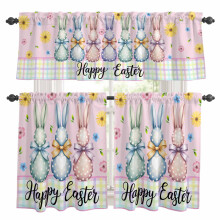 Easter Bunny Kitchen Curtains & Valances Set – Colorful Eggs, Bow, Rabbit, Flowers, Polka Dots, Pink Background, Rod Pocket, 27.5x24in
