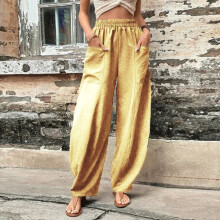New Pants Womens Solid Color Casual Pants Trousers Elastic Waist Pockets Wide Leg Trousers (Yellow,L)