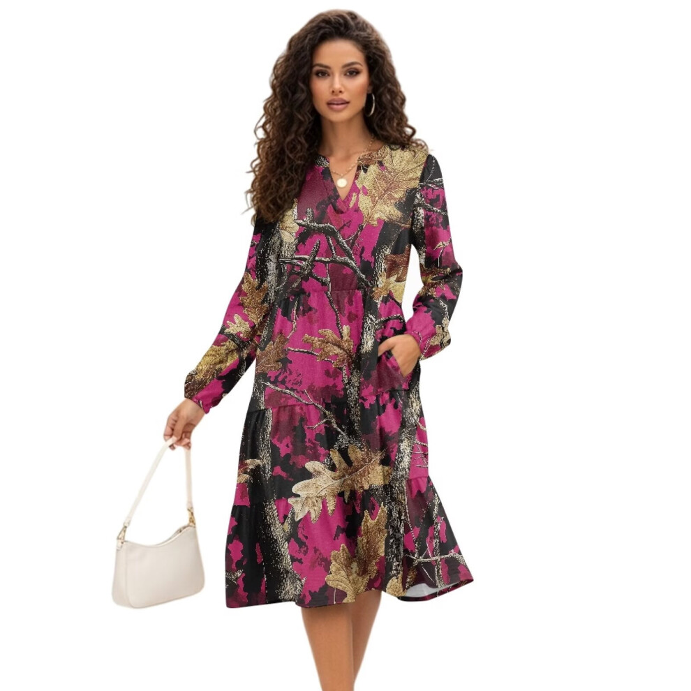 Women's Patchwork V-Neck Midi Dress With Long Sleeves, Large 9087558958817