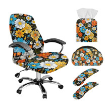 Hippie Daisy Print Office Chair Cover Bundle, 5-Piece Set with Armrest Covers, Includes Remote Holder and Tissue Box Organizer for Home Office, L