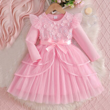 Girls Long Sleeve Dress with 3D Floral Applique Mesh Panels and Waist Belt Fashionable Party Gown