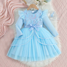 Girls Long Sleeve Dress with 3D Floral Applique Mesh Panels and Waist Belt Fashionable Party Gown