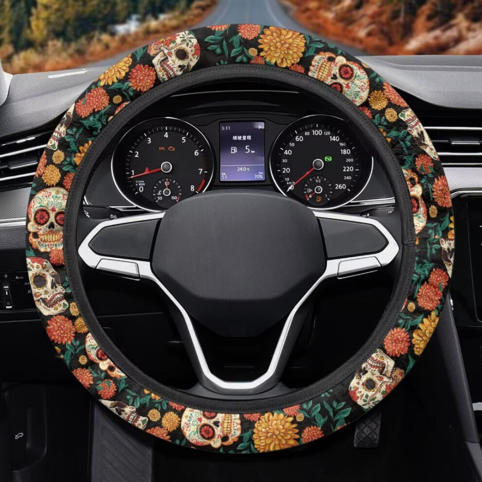 Skull & Flower Print Steering Wheel Cover Â Breathable, Winter Car Accessory, Compatible With Most Vehicles 9399596232942