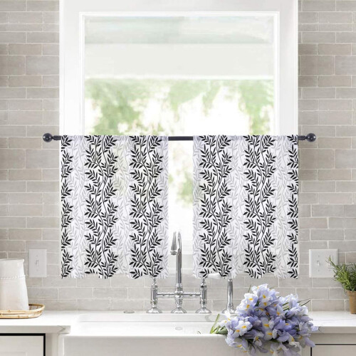 Sheer Curtains Black & White Leaf Design 52x45 Inch Light