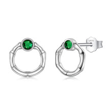 CHIC & ARTSY Bamboo Stud Earrings for Women 925 Sterling Silver Circle Bamboo Green Zircon Hypoallergenic Stud Earrings Birthday Jewellery