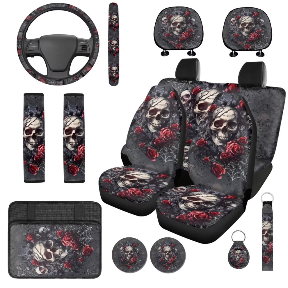 Skull Rose 14-Pc Car Accessories Set: Seat Covers, Steering Wheel Cover, Headrest & Console Covers, Seat Belt Pads, Keychain Â Soft Elastic Fit Red 9399596230887