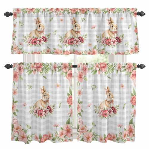 Easter Rabbit Kitchen Curtains and Valances Set Grey Plaid